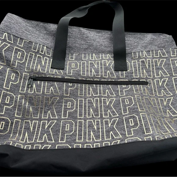 Victoria’s Secret Chic Gray and Black Tote with Gold Bold PINK Logo - Picture 1 of 4